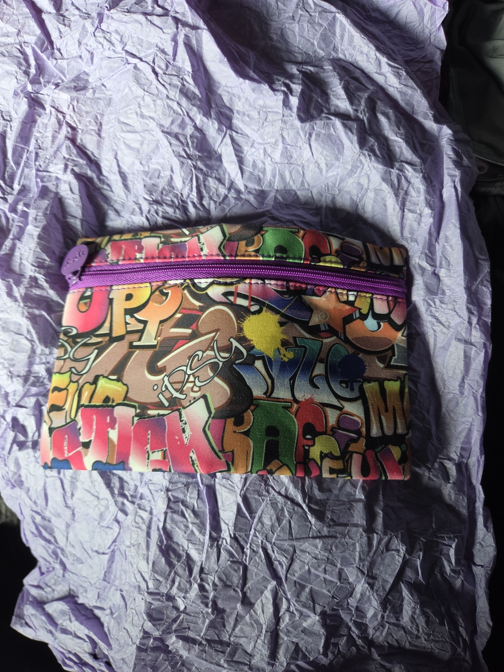 ipsy Multicolor Graffiti Print Makeup Bag with Purple Zipper